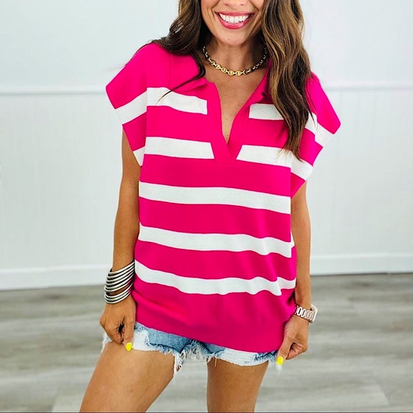 ☃️BOGO50%☃️ 🆕🩷FIRST LOVE: FUCHSIA Stripped V Neck Vest Top SMALL - Picture 1 of 3